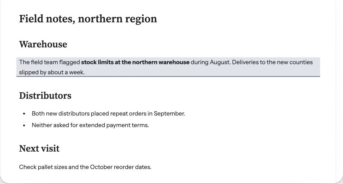 The field notes rendered as a document with the warehouse passage highlighted