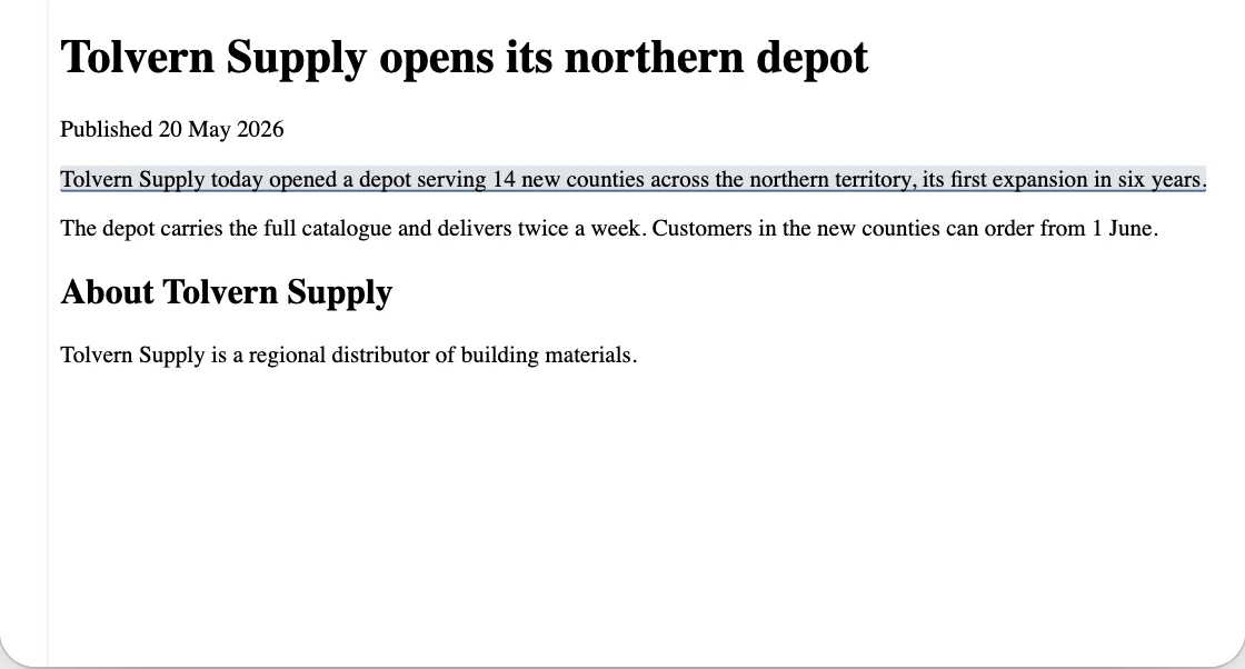 Axe’s saved copy of the Tolvern Supply announcement with the sentence on 14 new counties marked