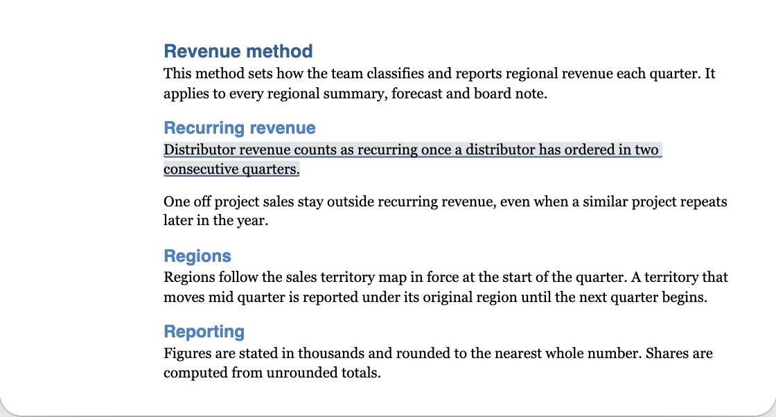 The revenue method with the recurring revenue sentence highlighted under its heading